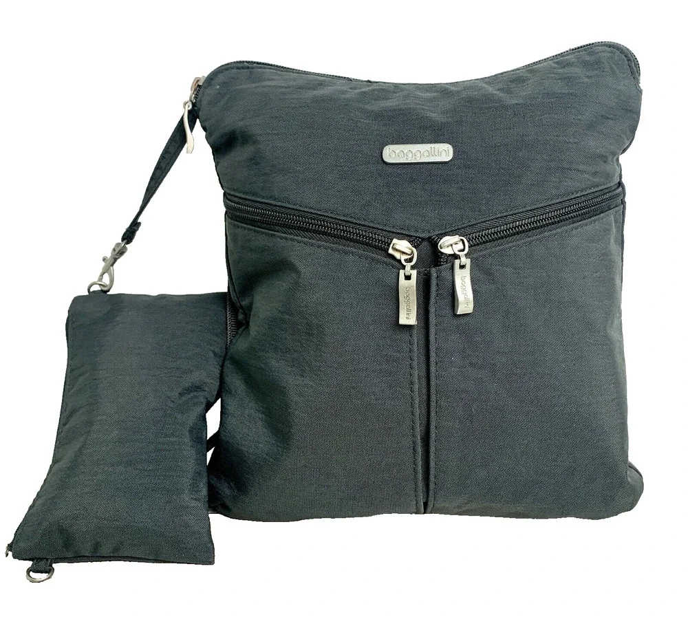 BAGGALLINI GRAY NYLON CANVAS ZIP TOP POCKETS X-BODY SHOULDER BAG HANDBAG PURSE